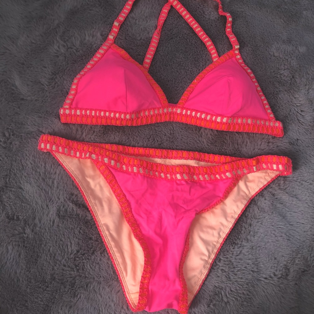 Victoria's Secret Hot Pink and Neon Orange Crochet-Trim Bikini